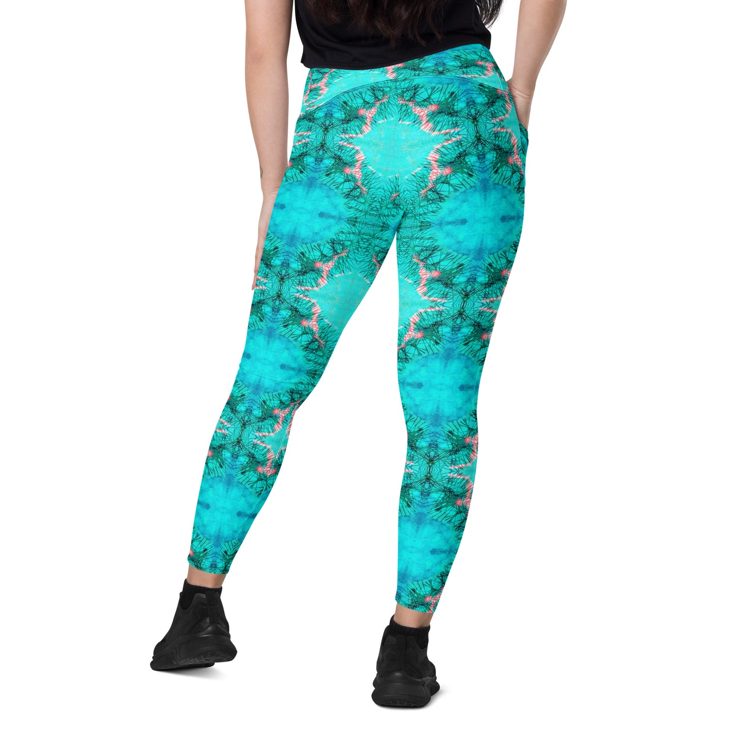 Turquoise Electricity Watercolor Print Leggings with POCKETS