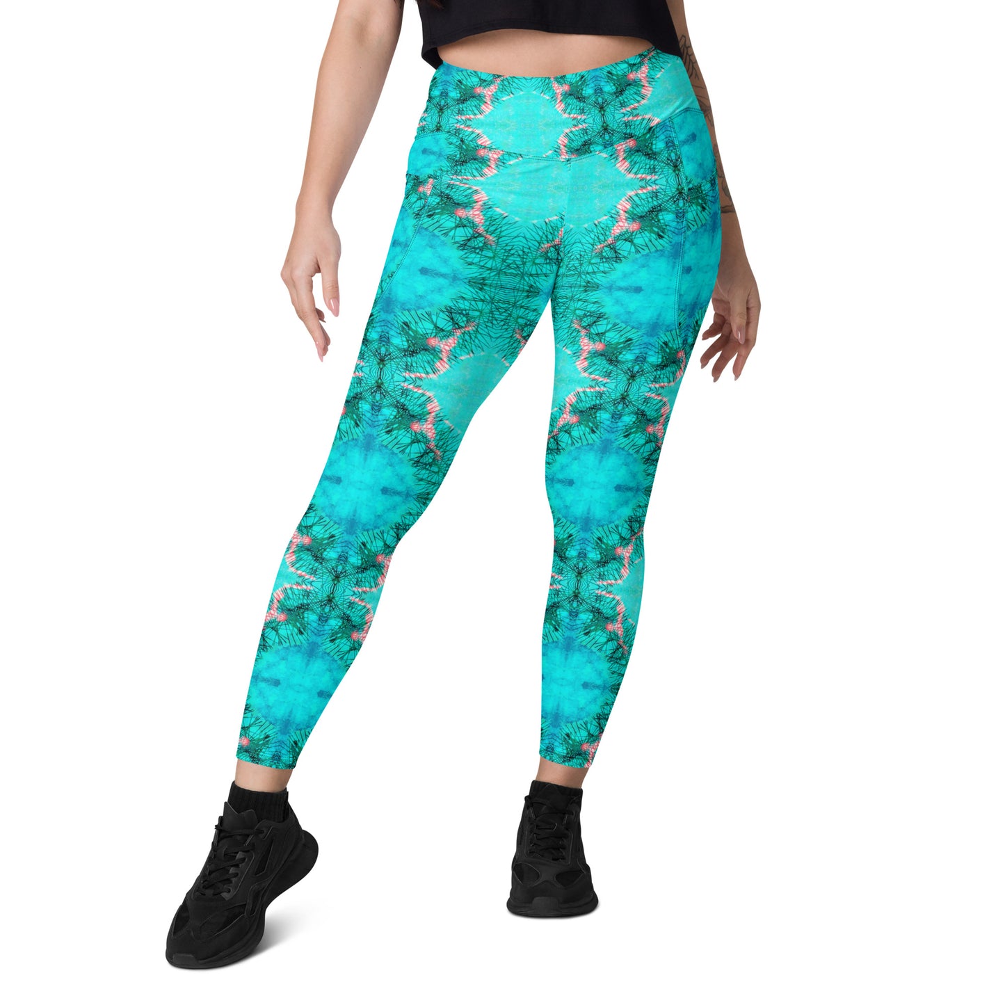 Turquoise Electricity Watercolor Print Leggings with POCKETS