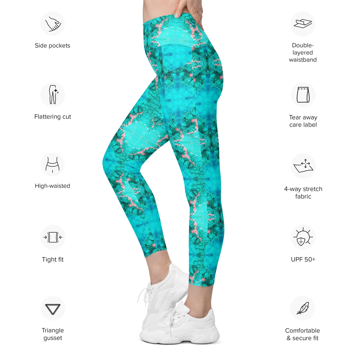 Turquoise Electricity Watercolor Print Leggings with POCKETS