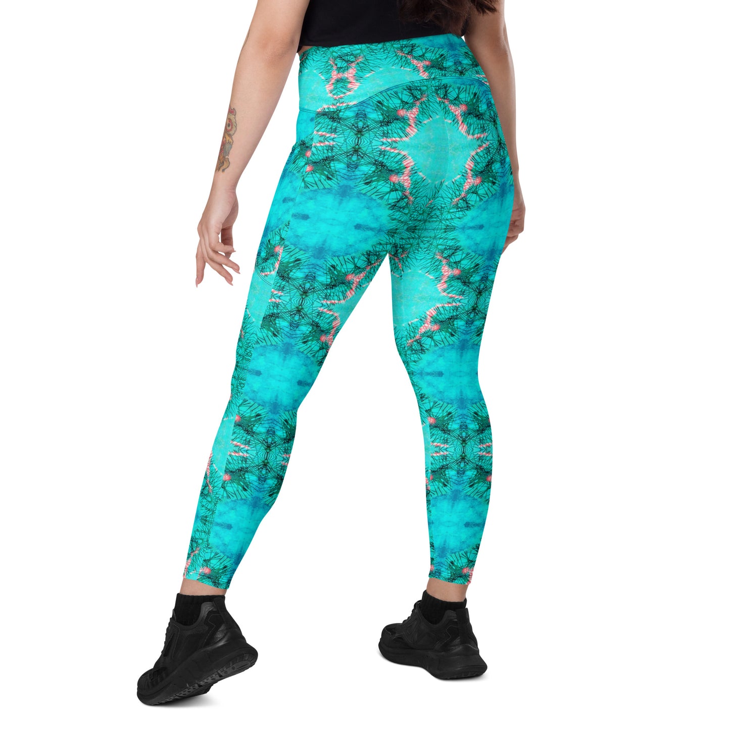 Turquoise Electricity Watercolor Print Leggings with POCKETS