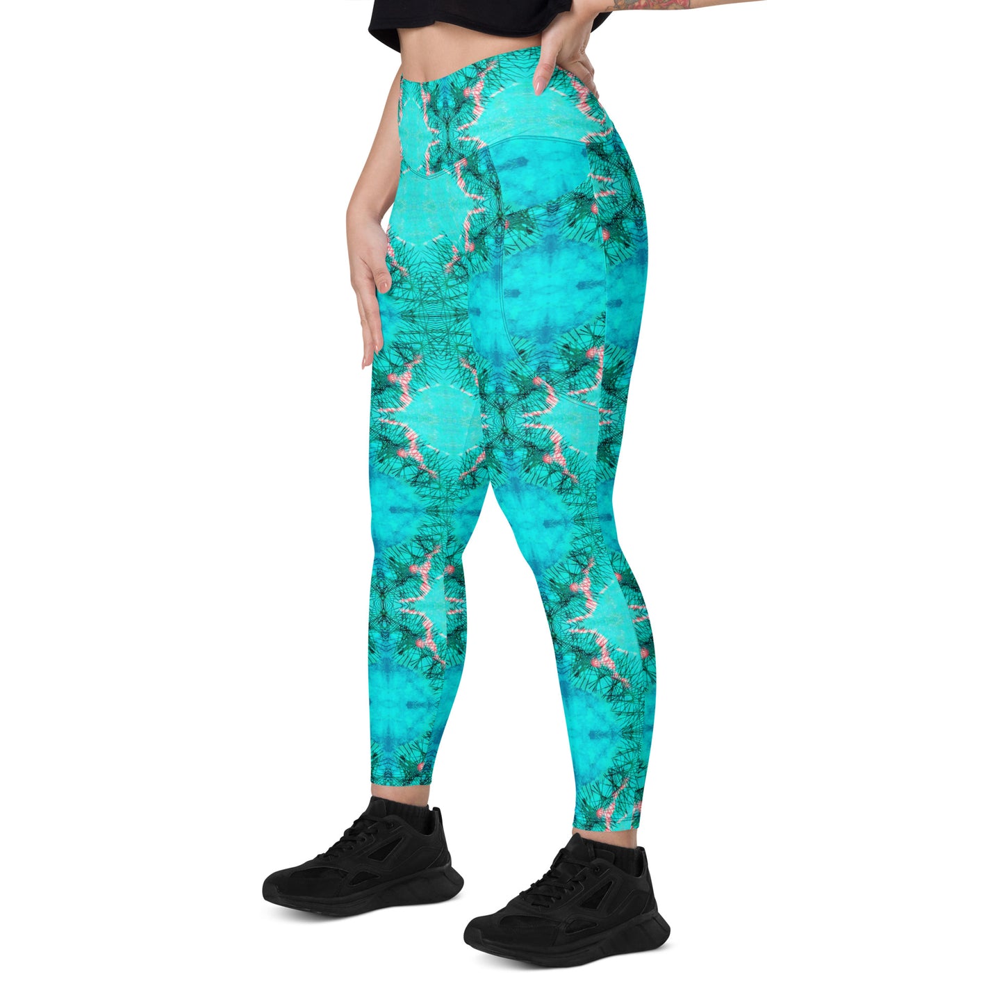 Turquoise Electricity Watercolor Print Leggings with POCKETS