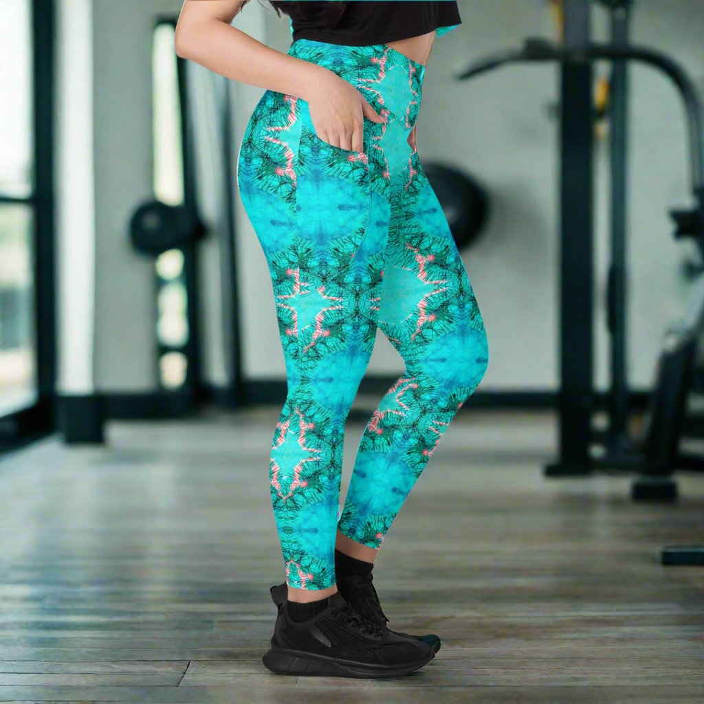Turquoise Electricity Watercolor Print Leggings with POCKETS