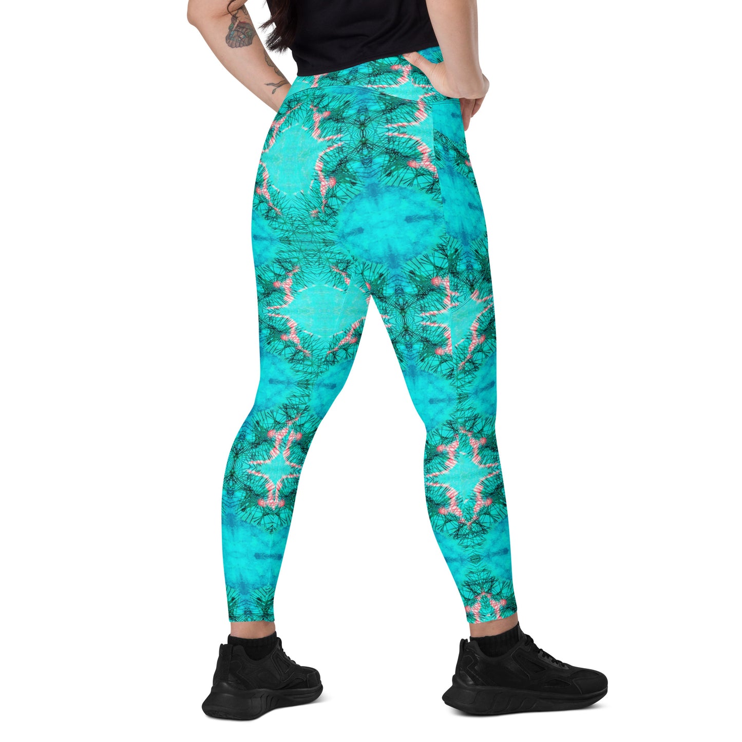 Turquoise Electricity Watercolor Print Leggings with POCKETS