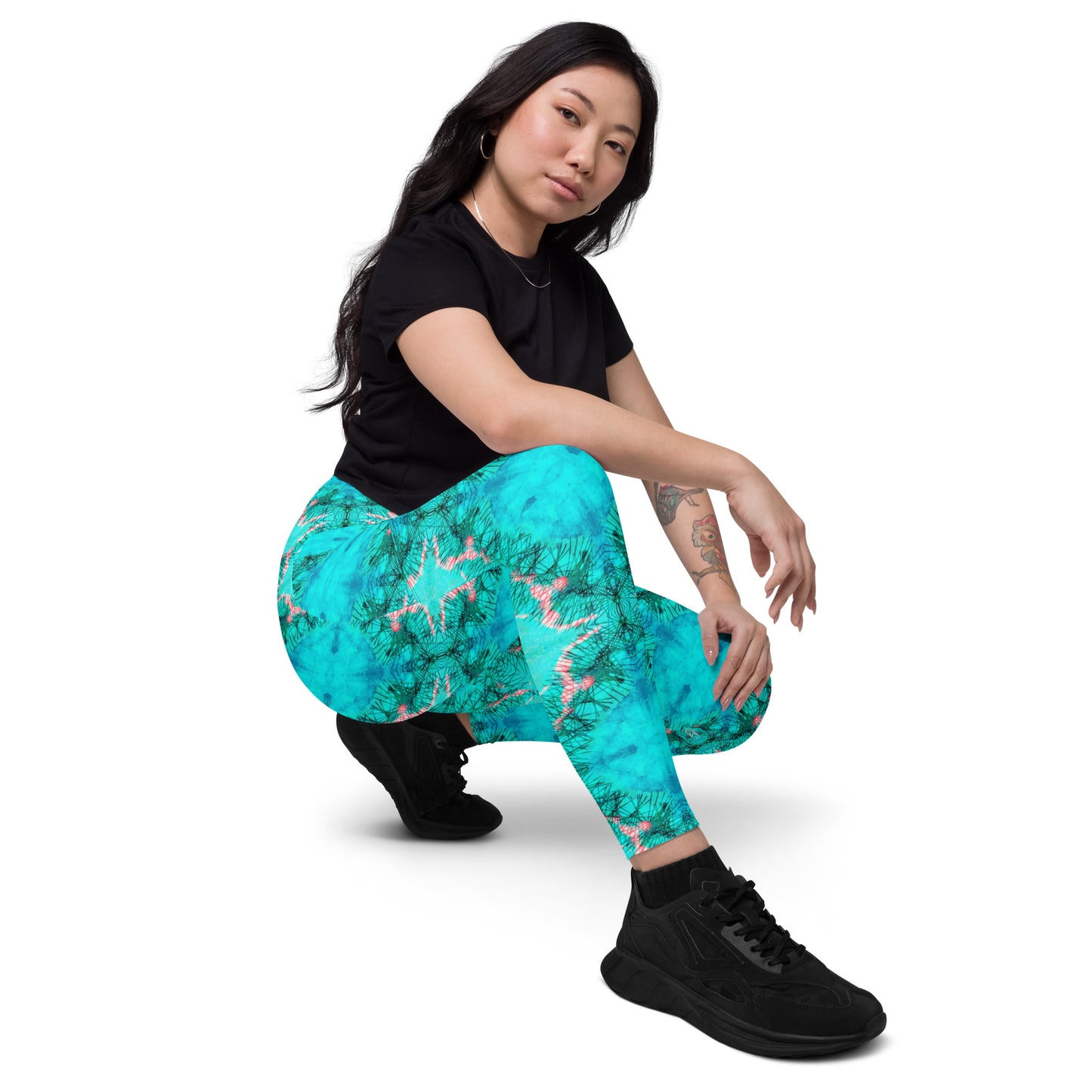 Turquoise Electricity Watercolor Print Leggings with POCKETS